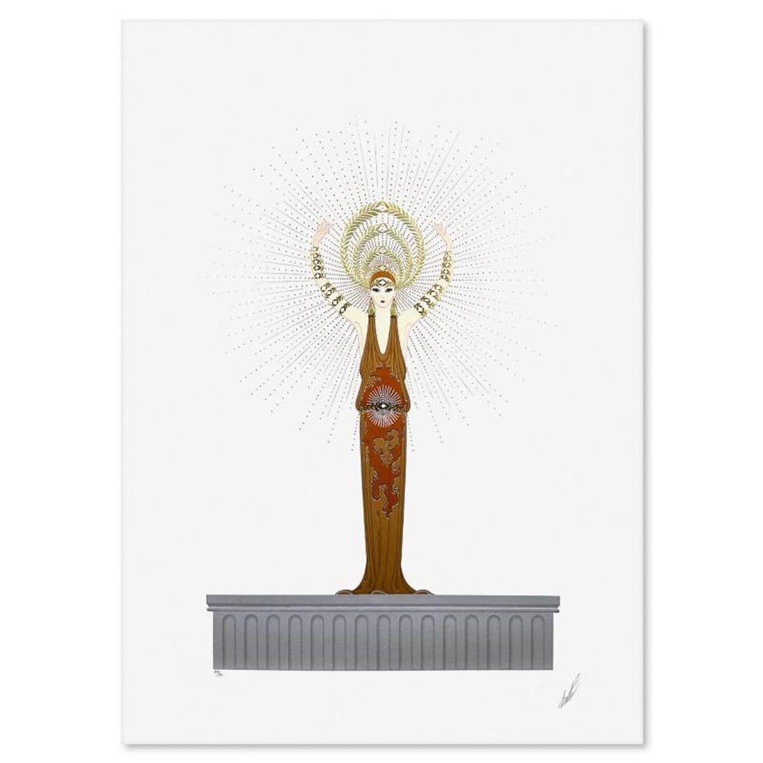 Erte (1892-1990), "Diana" Limited Edition Embossed Serigraph, Numbered XV/CL and Hand Signed with: Diana is a limited edition embossed serigraph on paper by Erte (1892-1990), numbered XV/CL and hand signed by the artist. Includes Letter of Authenticity. Measures approx. 34.5" x 24.5" (image).