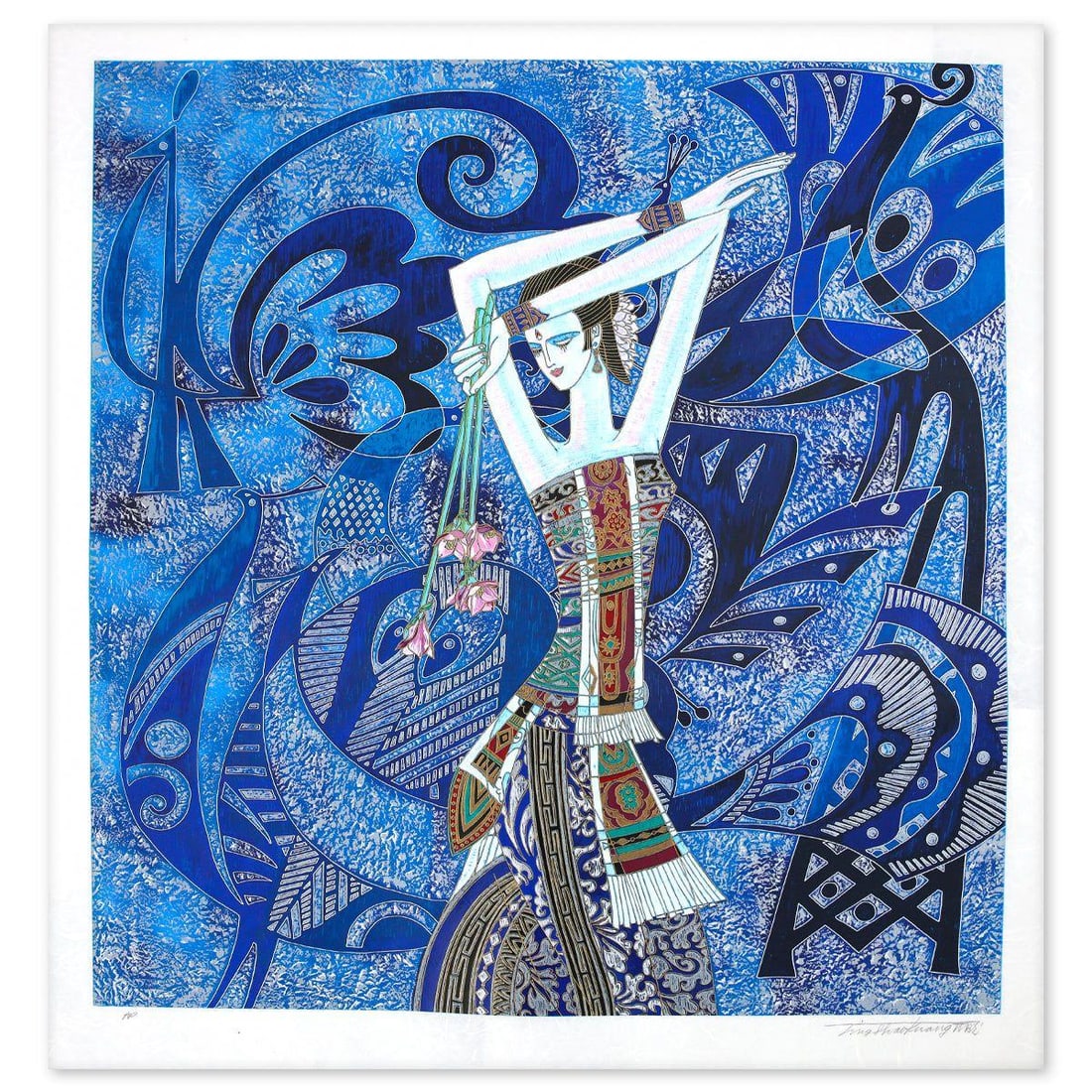 Ting Kuang- Silkscreen "Peacock and Flowers": Artist: Ting Kuang. Medium: Silkscreen. Title: Peacock and Flowers. Size: 33" x 32". Signature: Hand signed and numbered. Reference#: 74861.