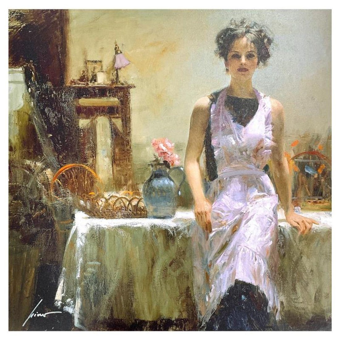 Pino (1939-2010) "Evening Thoughts" Limited Edition on Canvas, Numbered and Hand Signed with: Evening Thoughts is a limited edition giclee on canvas by Pino (1939-2010), numbered and hand signed by the artist. Includes Certificate of Authenticity. Measures approx. 28" x 28" (image). Reference#