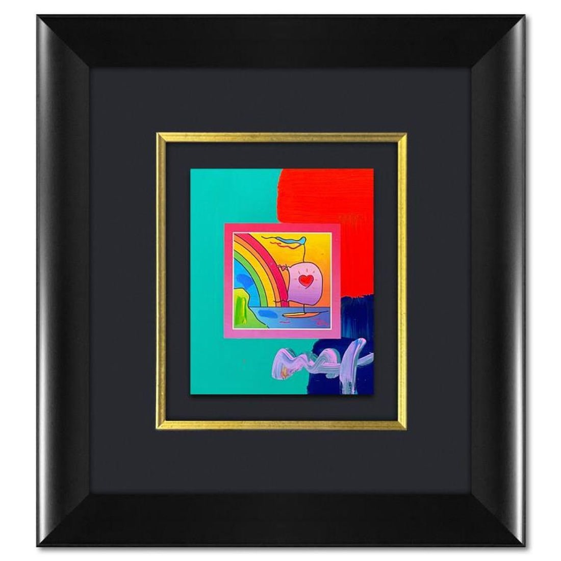 Peter Max, "Sailboat with Heart" Framed One-of-a-Kind Acrylic Mixed Media, Hand Signed with: Sailboat with Heart is a one-of-a-kind acrylic mixed media on paper, hand signed by Peter Max. The piece comes custom framed with a backside cutout to display Peter Max Studio registration number 2486