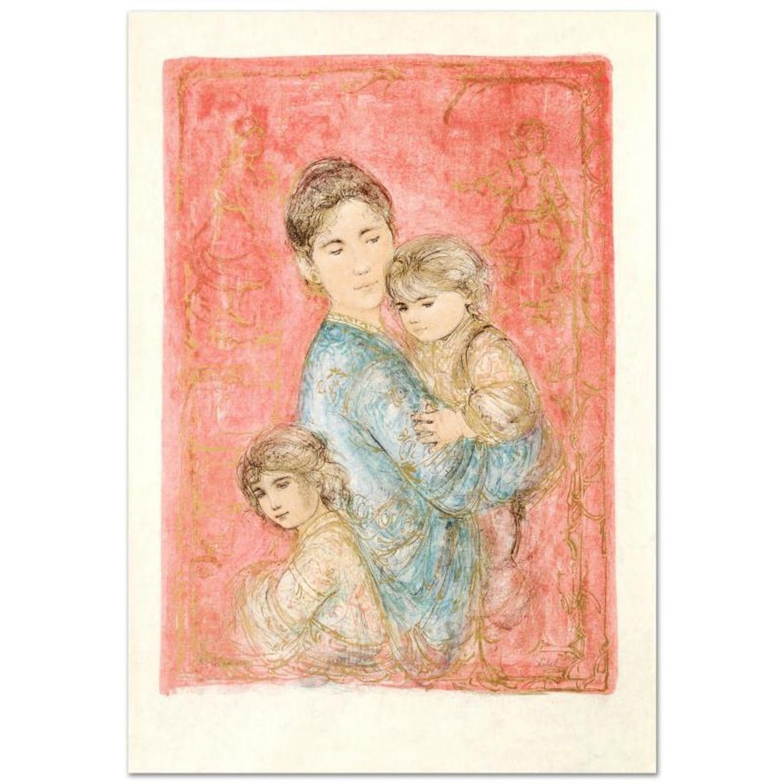 Sonya and Family Limited Edition Lithograph by Edna Hibel (1917-2014), Numbered and Hand Signed with: Sonya and Family is a limited edition lithograph on rice paper, numbered and hand signed by Edna Hibel (1917-2014). Includes Certificate of Authenticity! Measures approx. 25" x 36" (with border), 21.5