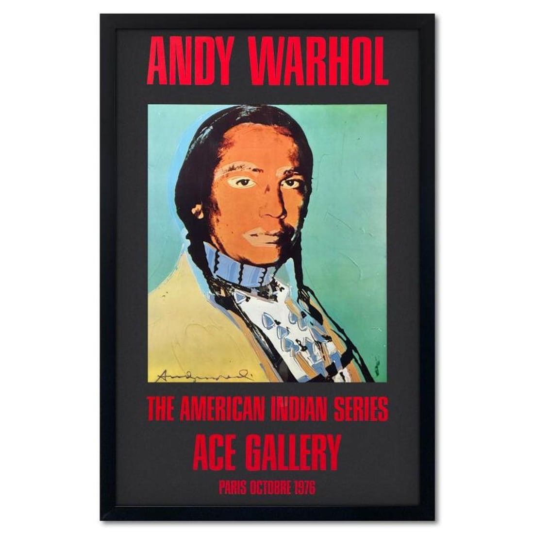 Andy Warhol (1928-1987), "The American Indian Series (Black)" Framed Vintage Poster (51" x 33") from: The American Indian Series is a vintage poster (1976) by Andy Warhol (1928-1987) from the Ace Gallery, Los Angeles, CA, hand signed by the artist. This piece comes custom framed. Includes Letter of Au