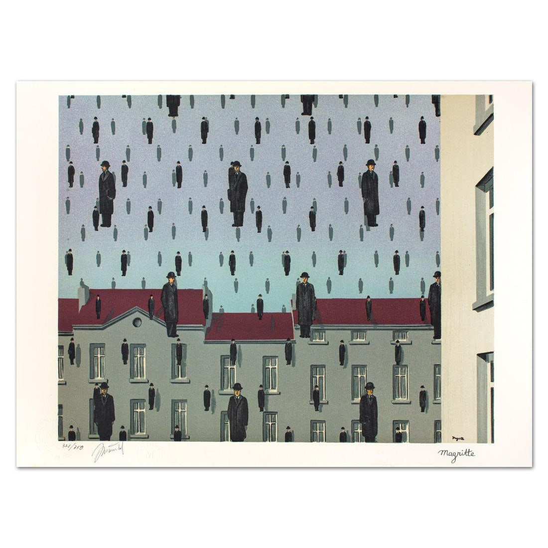 Rene Magritte- Lithograph "Golconda": Artist: Rene Magritte. Medium: Lithograph. Title: Golconda. Size: 14.5" x 19.5". Signature: Stamp signed and numbered. Certificate of Authenticity: Is included. Additional: Printed by Atelier Mourlot