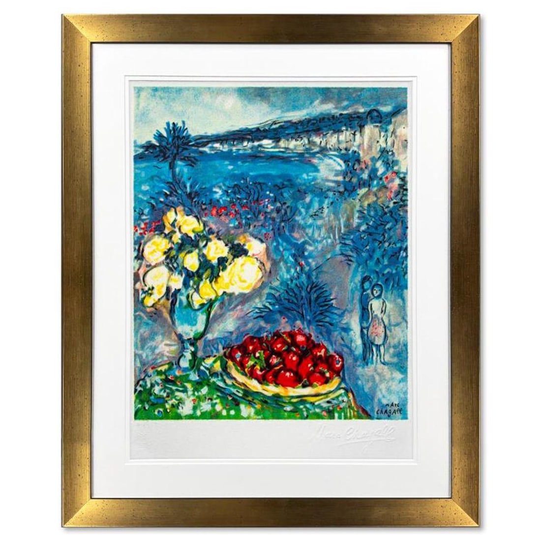 Marc Chagall (1887-1985), "Fruits Et Fleurs Devant La Mer" Framed Limited Edition Lithograph with: Fruits Et Fleurs Devant La Mer is a framed limited edition lithograph on paper by Marc Chagall (1887-1985). Printed by Atelier Tete a Tete in Paris and authorized by the Chagall Estate and ADAGP Paris