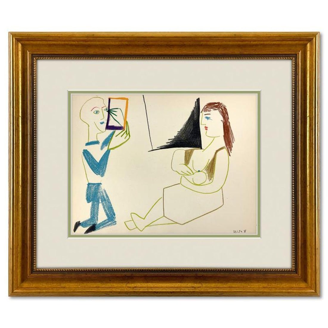Pablo Picasso (1881-1973), "La Comedie Humaine 29.1.54-V" Framed Vintage Lithograph on Paper with: La Comedie Humaine 29.1.54-V is a vintage lithograph on paper by Pablo Picasso (1881-1973). This piece comes framed. Includes Letter of Authenticity. Measures approx. 18" x 21" (frame), 10" x 13"