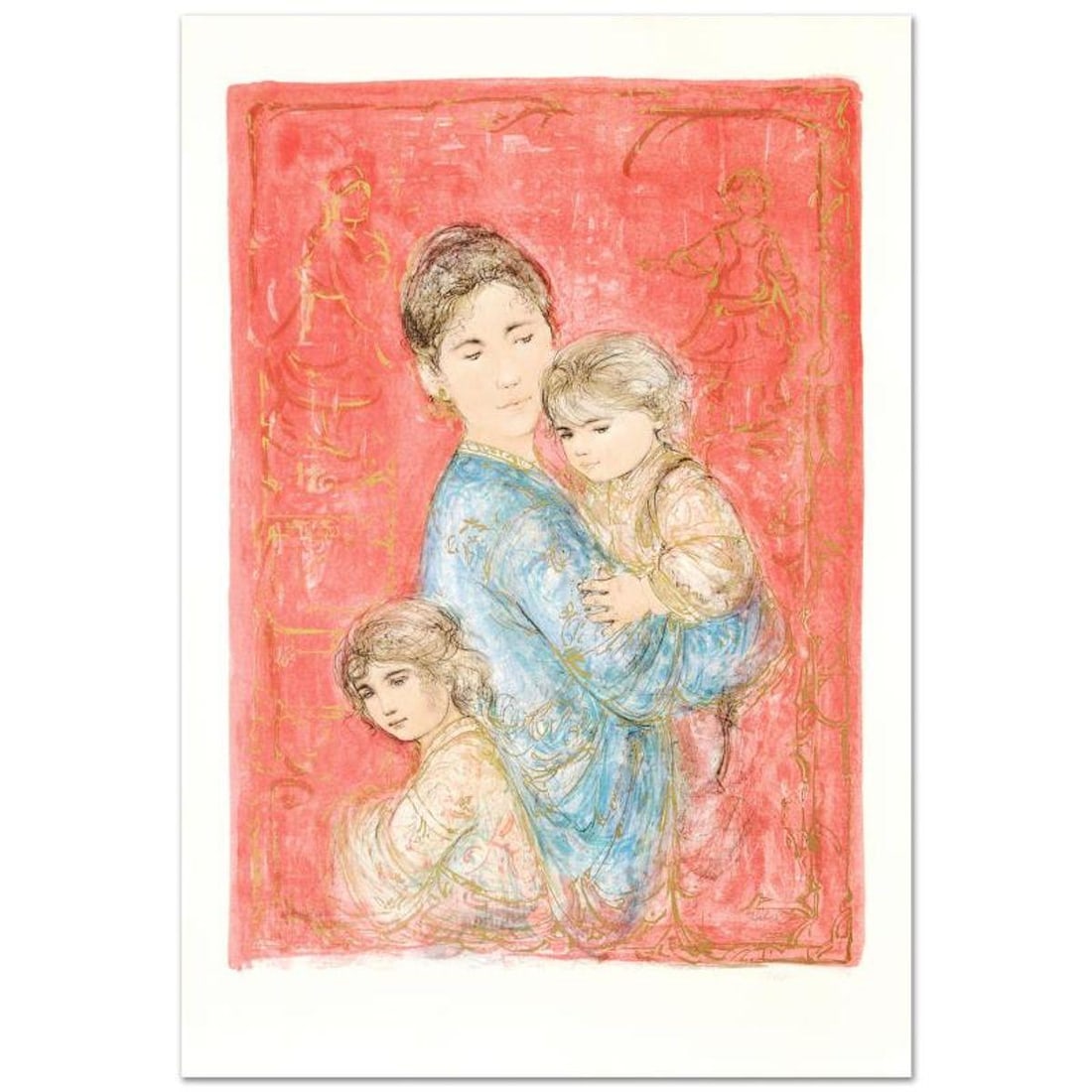 Sonya and Family Limited Edition Lithograph by Edna Hibel (1917-2014), Numbered and Hand Signed with: Sonya and Family is a limited edition lithograph on paper, numbered and hand signed by Edna Hibel (1917-2014). Includes Certificate of Authenticity! Measures approx. 25" x 36" (with border), 21.5" x 3