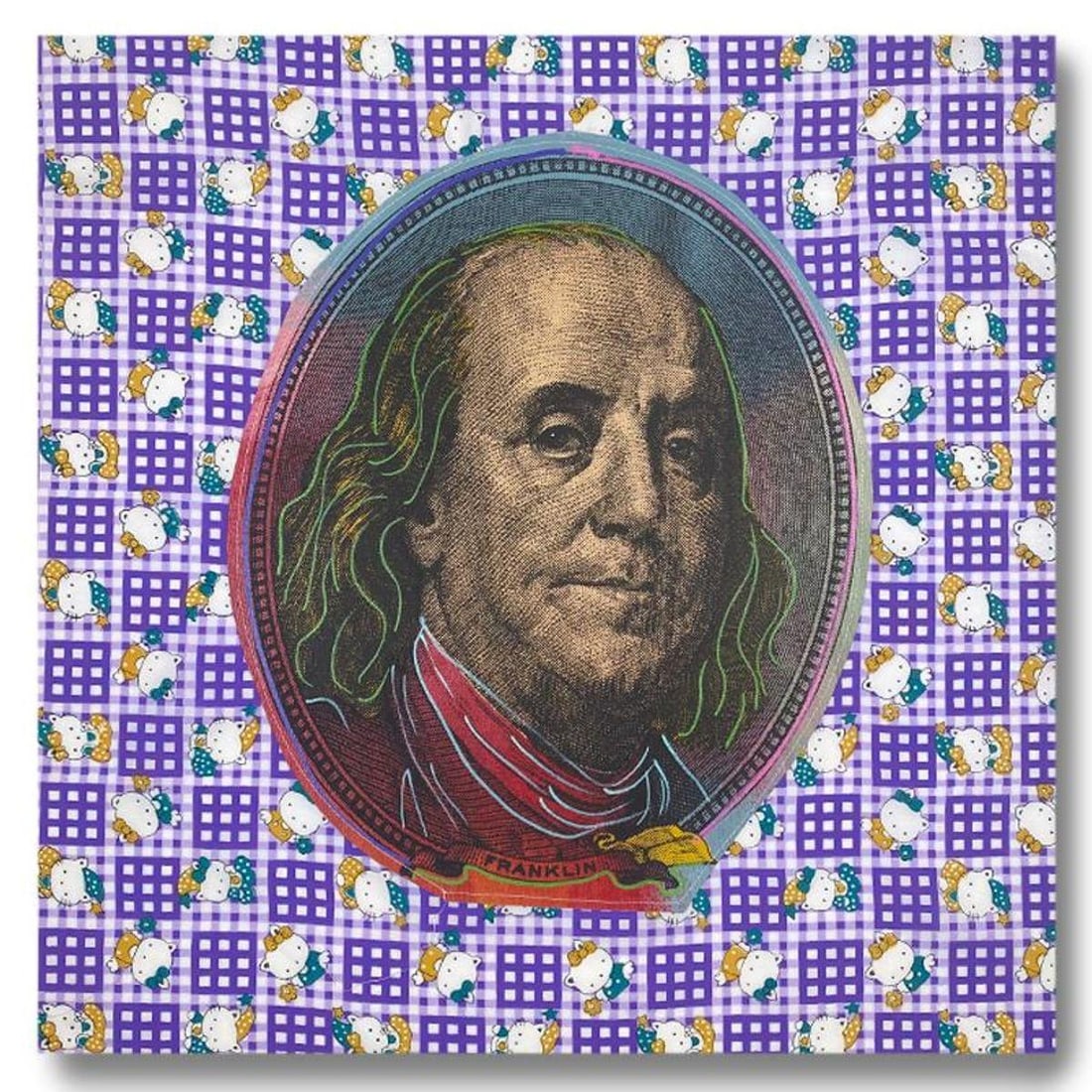 Steve Kaufman (1960-2010), "New Ben" Hand Signed and Numbered Limited Edition Hand Pulled silkscreen: New Ben is a limited edition hand pulled silkscreen mixed media on mixed media by Andy Warhol protege Steve Kaufman (1960-2010). This piece is numbered and hand signed inverso. Includes letter of auth