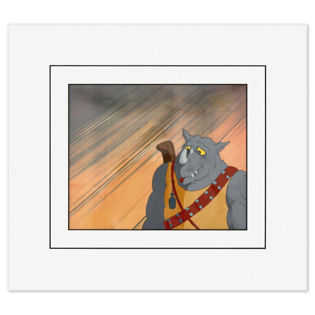 Animation Art- Hand-Painted Cel "Rhino Warrior": Artist: Animation Art. Medium: Hand-Painted Cel. Title: Rhino Warrior. Size: 8" x 9.5". Certificate of Authenticity: Is included. Additional: Matted and ready to frame. Portfolio: Teenage Mutant Ninja