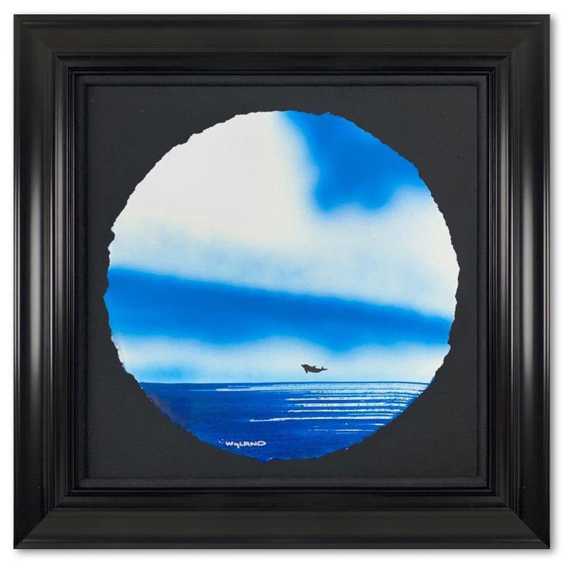 Wyland- Original Watercolor Painting on Deckle Edge Paper "Dolphins": Artist: Wyland. Medium: Original Watercolor Painting on Deckle Edge Paper. Title: Dolphins. Size: 19.5" x 19.5". Measures approx. 27.5" x 27.5" (framed). Signature: Hand signed. Certificate of Authent