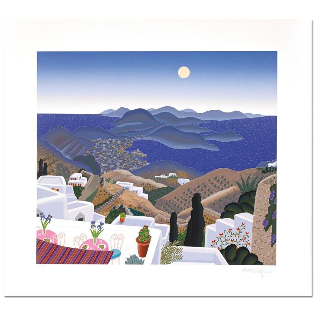 Thomas Mcknight, "Skala Evening (Patmos Suite)" Limited Edition Serigraph, Numbered and Hand Signed: Skala Evening (Patmos Suite) is a limited edition serigraph on paper by Thomas Mcknight, numbered and hand signed by the artist. Includes Letter of Authenticity. Measures approx. 21" x 23" (border), 1