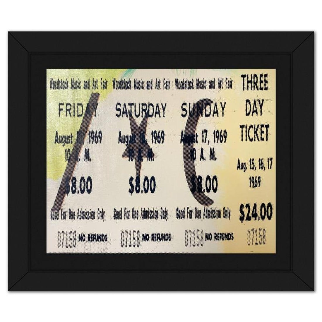 Steve Kaufman (1960-2010), "Woodstock Ticket" Framed Hand Embellished Limited Edition Silscreen,: Woodstock Ticket is a hand embellished limited edition silkscreen on canvas by Andy Warhol protege, Steve Kaufman (1960-2010), numbered 31/50 inverso and hand signed by the artist. This piece comes cu