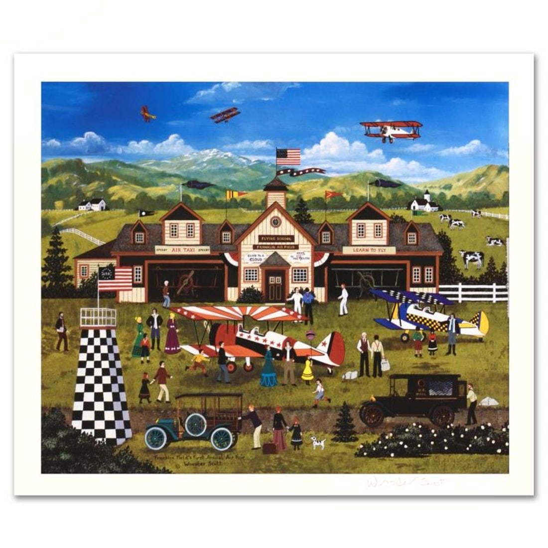 Jane Wooster Scott, "Franklin Field's First Annual Air Fair" Hand Signed Limited Edition Lithograph: Franklin Field's First Annual Air Fair is a limited edition lithograph on paper by Jane Wooster Scott. The piece is hand signed and numbered and comes with a letter of authenticity. Measures approx. 1