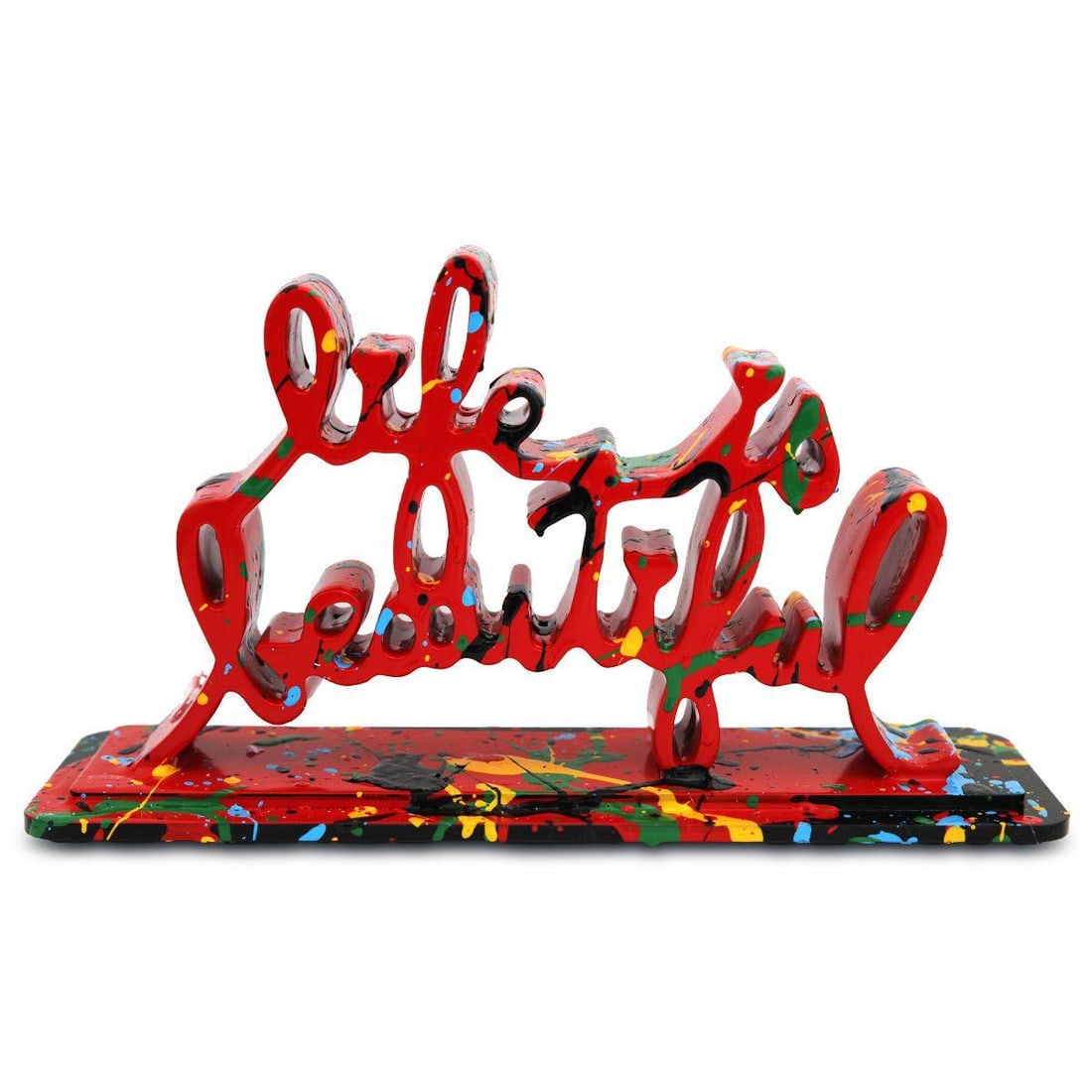 Mr Brainwash- Acrylic Dipped and Splashed Cast Resin Sculpture in Plexiglass Enclosure "Life Is: Artist: Mr Brainwash. Medium: Acrylic Dipped and Splashed Cast Resin Sculpture in Plexiglass Enclosure. Title: Life Is Beautiful - Dipped Red Splash, 2020. Size: 6" x 10.5". Signature: Signed and numb