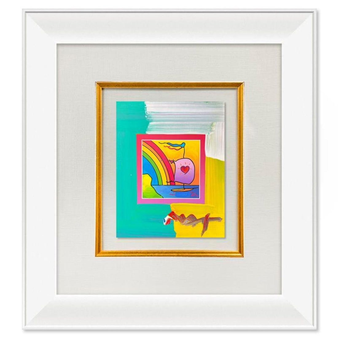 Peter Max, "Sailboat with Heart" Framed One-of-a-Kind Acrylic Mixed Media, Hand Signed with: Sailboat with Heart is a one-of-a-kind acrylic mixed media on paper, hand signed by Peter Max. The piece comes custom framed with a backside cutout to display Peter Max Studio registration number 3288