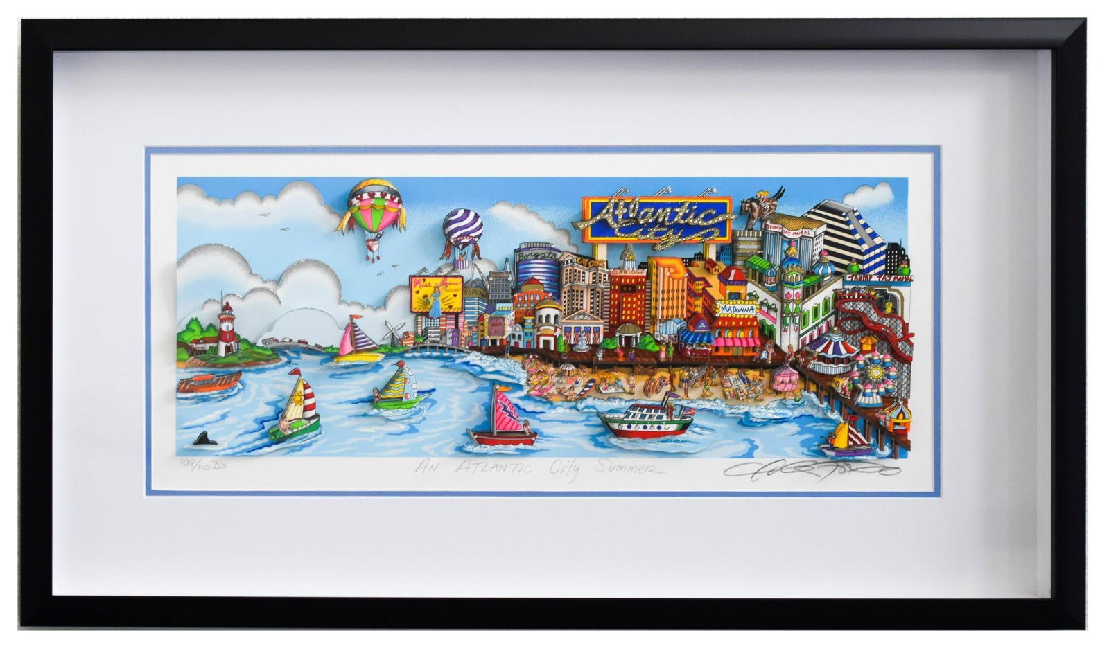 Charles Fazzino- 3D Construction Silkscreen Serigraph "An Atlantic City Summer (Blue)": Artist: Charles Fazzino. Medium: 3D Construction Silkscreen Serigraph. Title: An Atlantic City Summer (Blue). Size: 11" x 25". Measures approx. 19" x 33.5" (framed). Signature: Hand Signed and Numbere