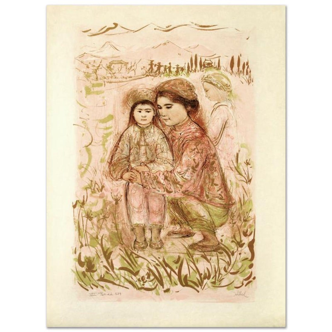 Mrs. Hsu Limited Edition Lithograph by Edna Hibel (1917-2014), Numbered and Hand Signed with: Mrs. Hsu is a limited edition lithograph on rice paper, numbered and hand signed by Edna Hibel (1917-2014). Includes Certificate of Authenticity! Measures approx. 22.5" x 30.5" (with border), 17" x 26