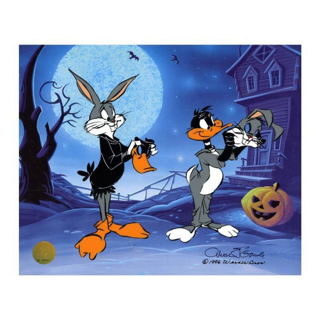 Chuck Jones "Trick Or Treat" Hand Signed, Hand Painted Limited Edition Sericel.: Trick Or Treat is a limited edition animation cel with hand painted coloring on sericel outline. The piece is numbered, hand signed by Chuck Jones (1912-2002), and includes a Certificate of Authentici