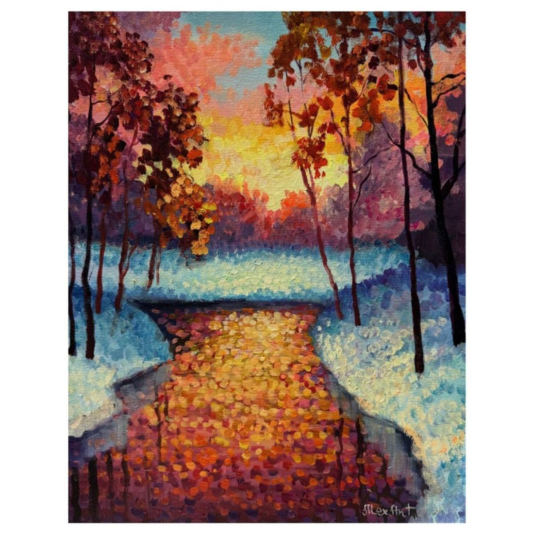 Alexander Antanenka, "Violet Sunset" Hand Signed Original Painting on Canvas with Letter of: Violet Sunset is an original oil painting on stretched canvas by Alexander Antanenka. Hand signed by the artist, the piece comes with a letter of authenticity. Measures approximately 20" x 16" (image)