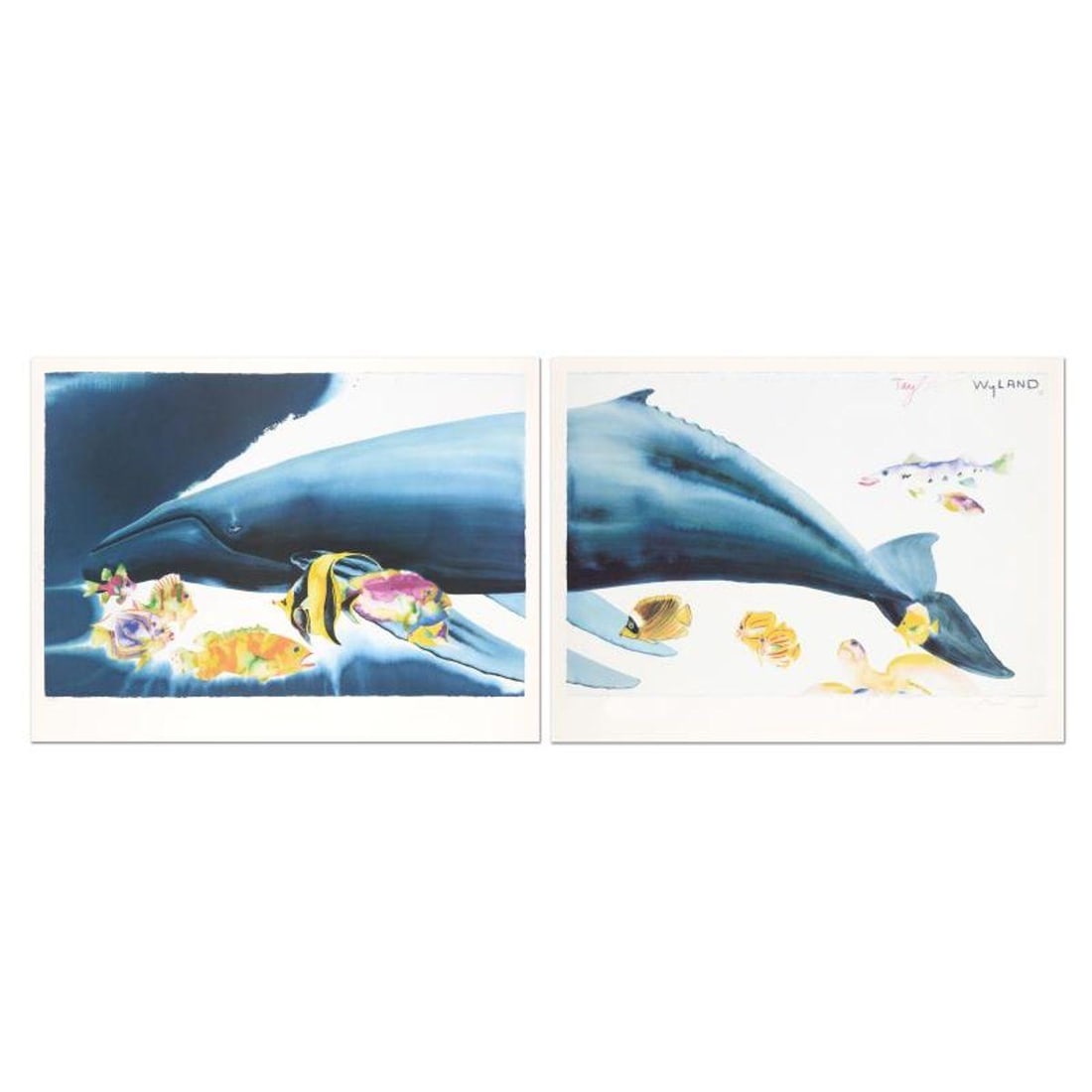 I Want To Dive Into Your Ocean (Diptych) Limited Edition Lithograph (62" x 21") by Wyland and Tracey: I Want to Dive into Your Ocean (Diptych) is a limited edition lithograph on paper by Wyland and Tracey Taylor, numbered and hand signed by the artists. Includes Certificate of Authenticity. Measures a