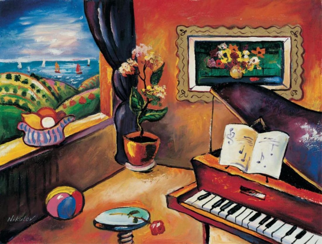 Oleg Nikulov- Original Giclee on Canvas "Piano with Countryside View": Artist: Oleg Nikulov. Medium: Original Giclee on Canvas. Title: Piano with Countryside View. Size: 12" x 16". Signature: Hand Signed by the Artist. Certificate of Authenticity: From the publisher. Ref