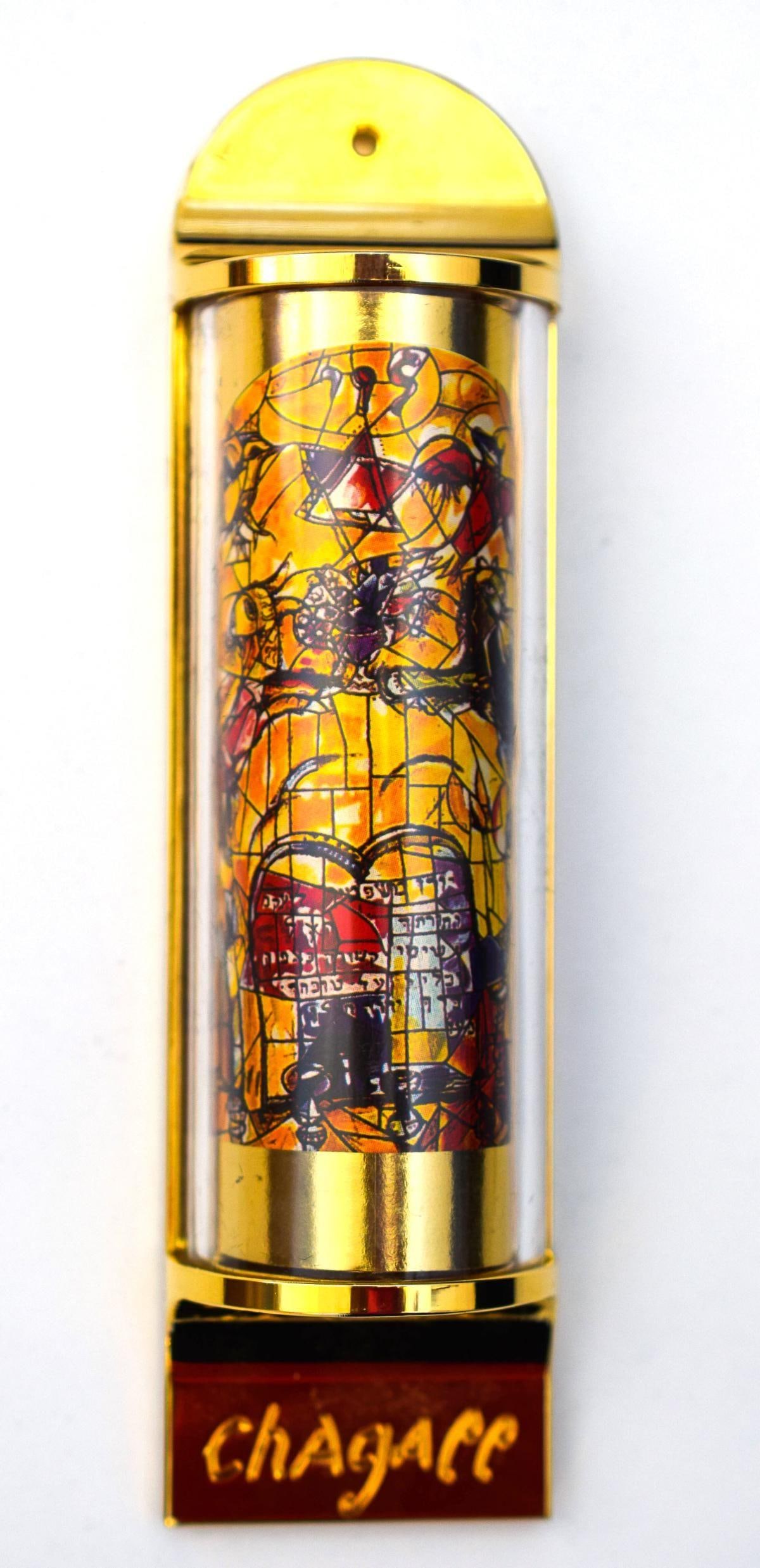 Marc Chagall- Mezuzah - silkscreen on 24K gold plated bronze "12 Tribes Hadassah Windows - Levi": Artist: Marc Chagall. Medium: Mezuzah - silkscreen on 24K gold plated bronze. Title: 12 Tribes Hadassah Windows - Levi. Size: 5" x 1.5". Certificate of Authenticity: Is included. Additional: Limited e