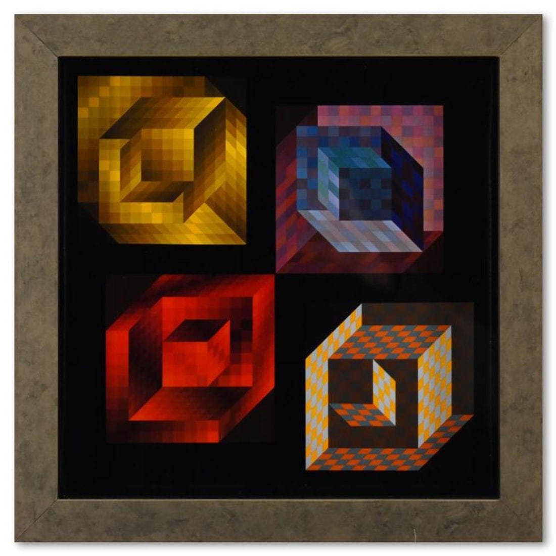 Victor Vasarely (1908-1997), "Axo (22, 2, 44, 33) de la serie Hommage A L'Hexagone" Framed 1971: Axo (22, 2, 44, 33) de la serie Hommage A L'Hexagone is a heliogravure print on paper, published in 1971, by Victor Vasarely (1908-1997). This piece comes custom framed, with a letter of authenticity