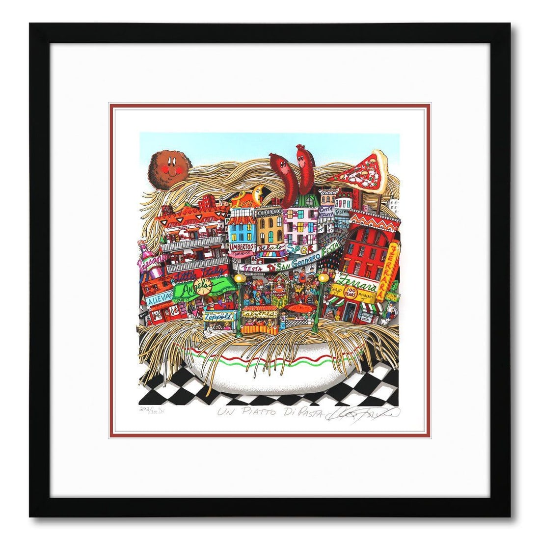 Charles Fazzino- 3D Construction Silkscreen Serigraph "Un Piatto Di Pasta": Artist: Charles Fazzino. Medium: 3D Construction Silkscreen Serigraph. Title: Un Piatto Di Pasta. Size: 13" x 12". Measures approx. 19" x 18" (framed). Signature: Hand Signed and Numbered. Certificate