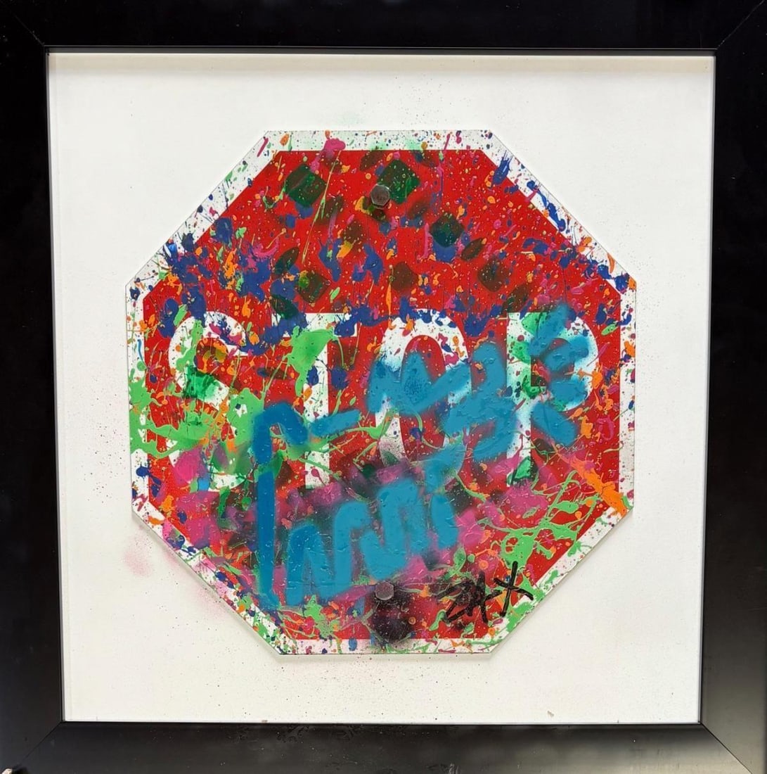 E.M. Zax- Hand painted metal street sign: Artist: E.M. Zax. Medium: Hand painted metal street sign. Measures approx. 20" x 20" (framed). Signature: Hand Signed. Reference#: 25166.