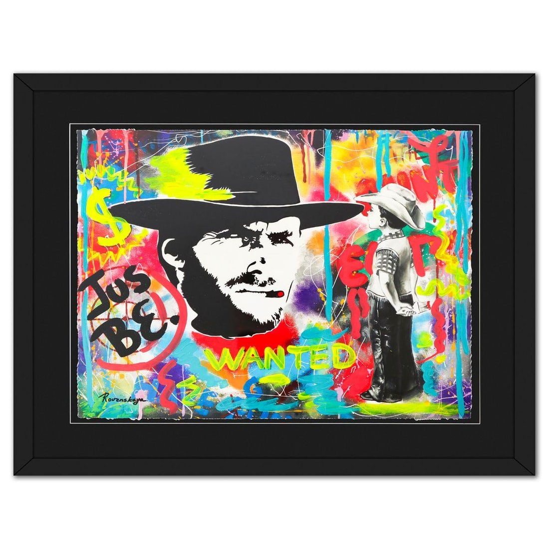 Nastya Rovenskaya- Original Mixed Media on Deckle Edge Paper "Wanted": Artist: Nastya Rovenskaya. Medium: Original Mixed Media on Deckle Edge Paper. Title: Wanted. Size: 24" x 30". Measures approx. 34" x 40" (framed). Signature: Hand Signed. Certificate of Authenticity: