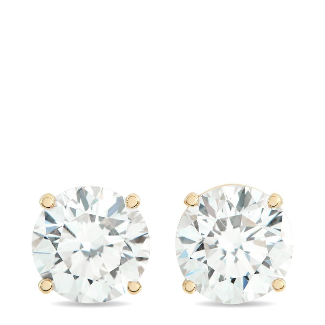 14K YELLOW GOLD 5.0CT LAB-GROWN DIAMOND STUD EARRINGS: Set in yellow gold four-prong baskets, these near colorless, round brilliant lab-grown diamonds offer a full, luminous presence. Each stud measures approximately 0.45 in diameter, bringing bold shine