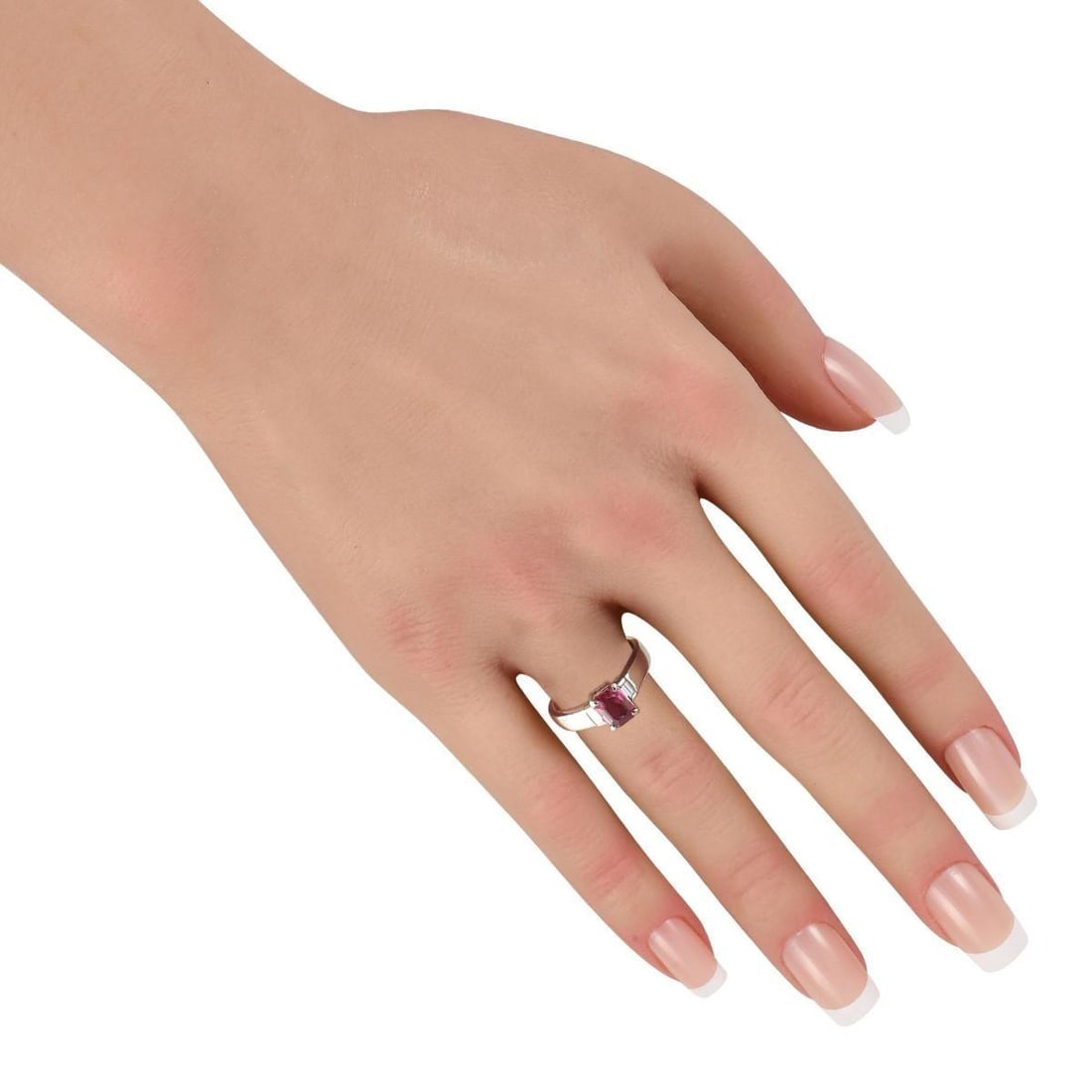 PLATINUM 0.17CT DIAMOND AND RUBY THREE-STONE RING - 3