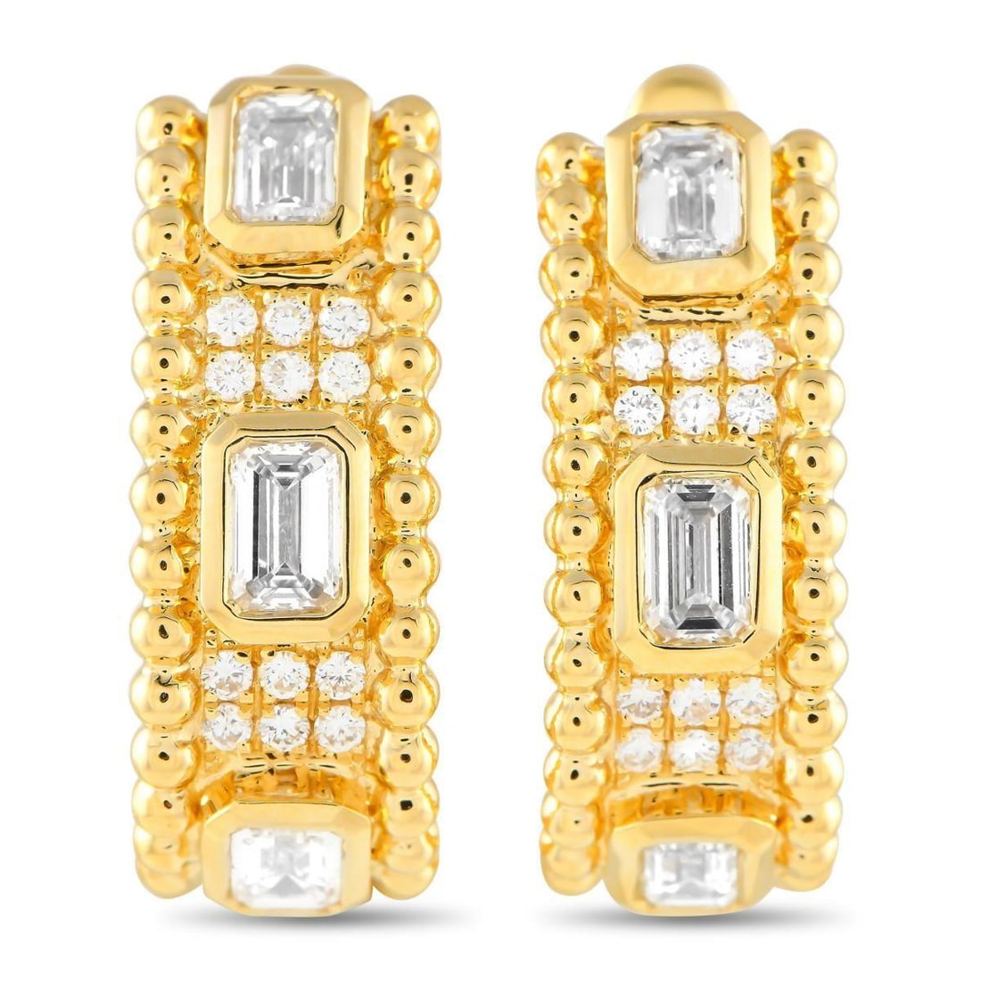 18K YELLOW GOLD 2.25CT DIAMOND EARRINGS: Sparkle, shine, and style are all present in this pair of yellow gold earrings. The hoops are designed with beaded edges and a hinged snap clasp. In between the beaded border are six round diamonds ne