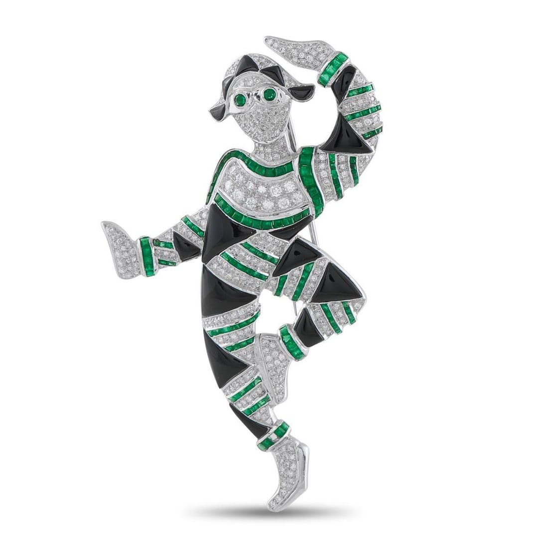 PLATINUM 3.50CT DIAMOND, EMERALD, AND ONYX ART DECO HARLEQUIN BROOCH: Like many pieces from the Art Deco era, this Harlequin brooch features contrasting colors, geometric shapes, and artistic flair. The dynamic design comes to life thanks to Onyx accents and Emeralds to