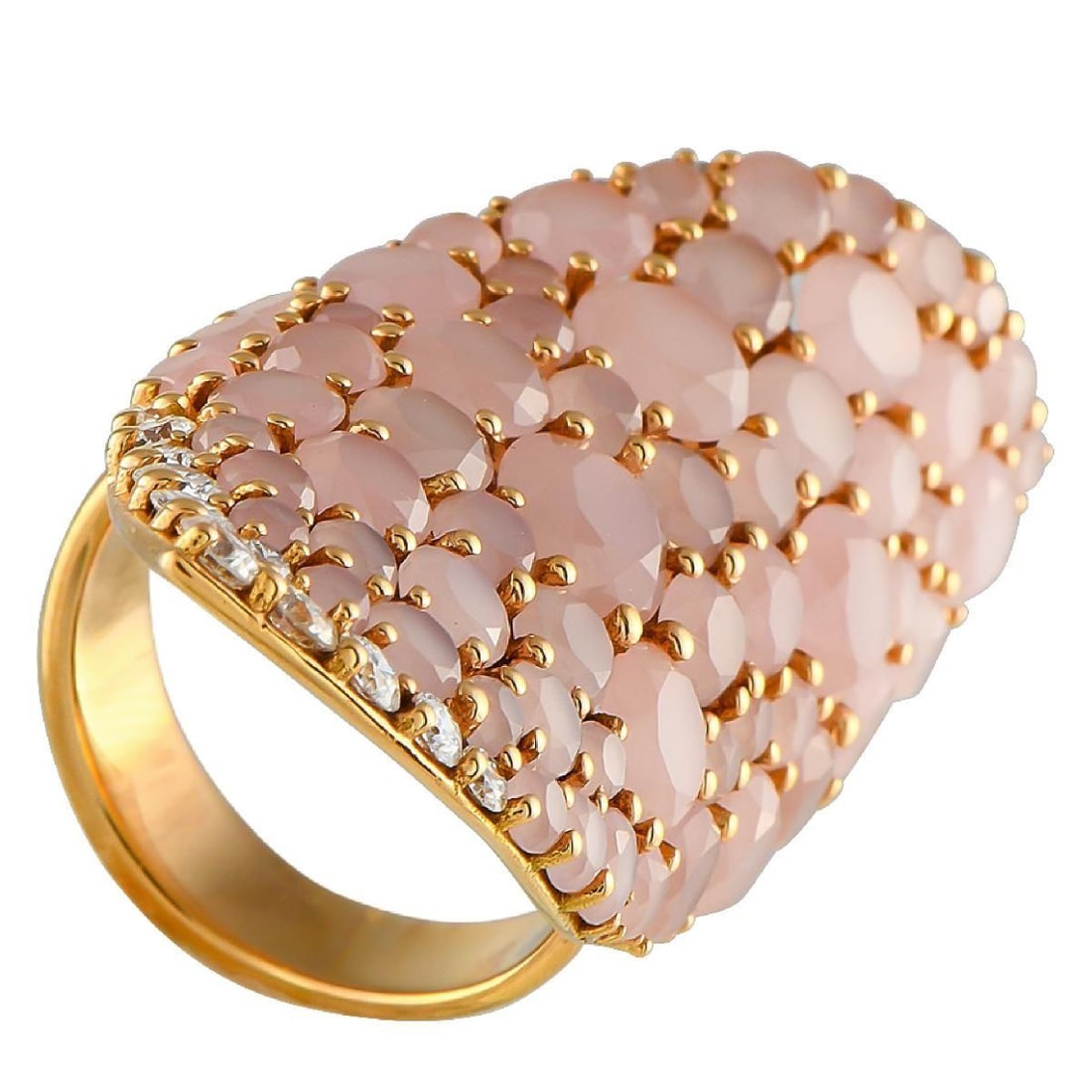 PASQUALE BRUNI LAKSHMI GARDENS 18K YELLOW GOLD 0.78CT DIAMOND AND PINK QUARTZ RING: A stunning creation from Pasquale Brunis I Giardini di Lakshmi (or Lakshmi Gardens) collection, first introduced in 2018. This ring showcases a design that evokes what the Hindu goddess Lakshmi repres