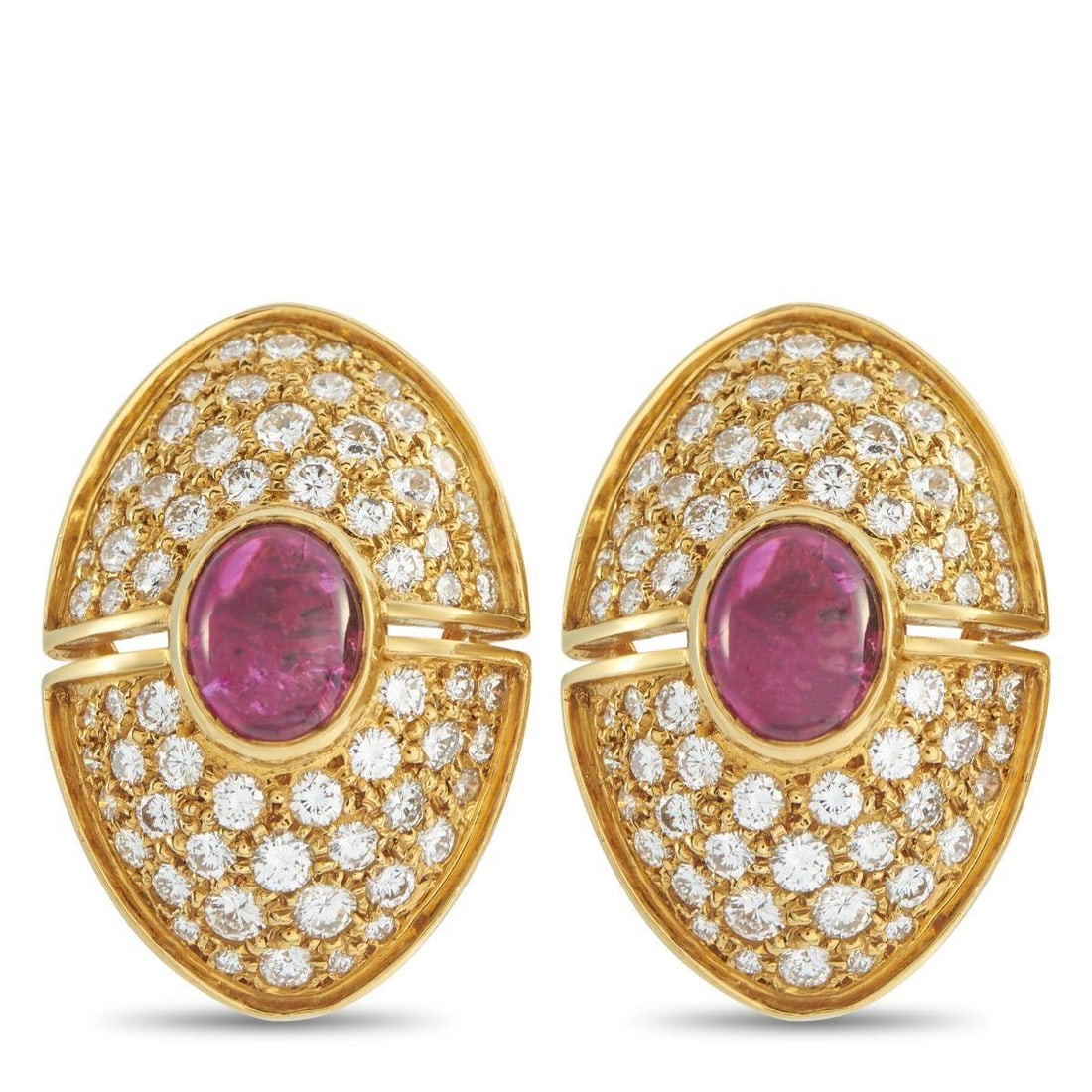 HARRY WINSTON 18K YELLOW GOLD 3.70CT DIAMOND AND RUBY CLIP-ON EARRINGS: Rubies with a total weight of 4.0 carats make a statement at the center of these impeccably crafted Harry Winston earrings. Crafted from 18K Yellow Gold, inset Diamonds totaling 3.70 carats allow