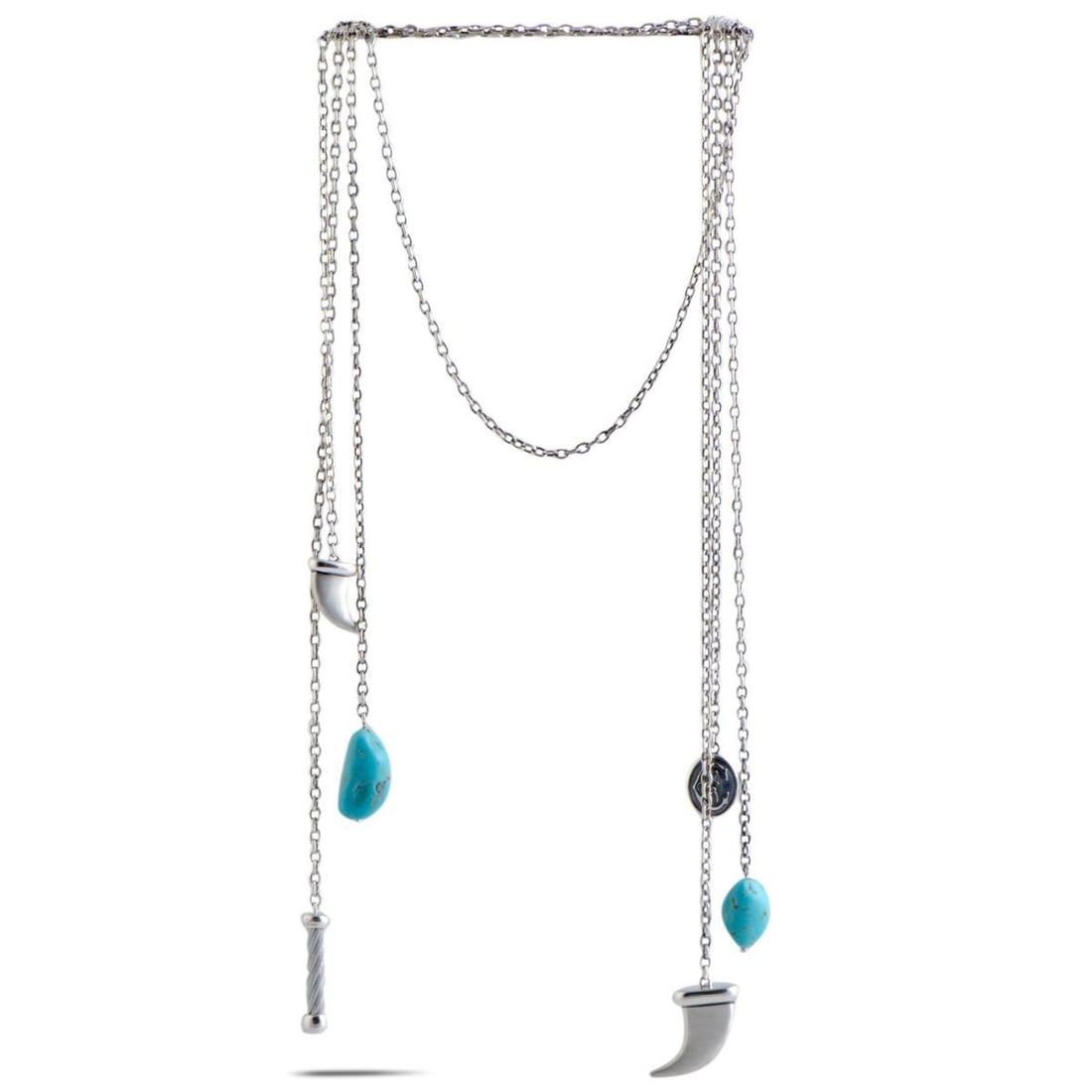 CHARRIOL KUCHA STAINLESS STEEL TWO TURQUOISE AND HORN PENDANTS OPEN ENDED NECKLACE (1 of 3)