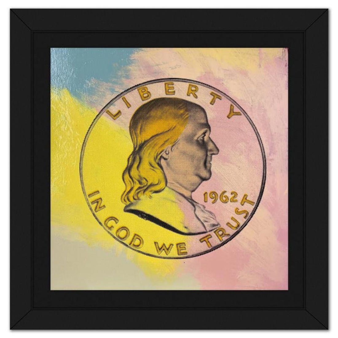 Steve Kaufman (1960-2010), "Ben Half Dollar" Framed Hand Embellished Limited Edition Silscreen,: Ben Half Dollar is a hand embellished limited edition silkscreen on canvas by Andy Warhol protege, Steve Kaufman (1960-2010), numbered 13/50 inverso and hand signed by the artist. This piece comes cus