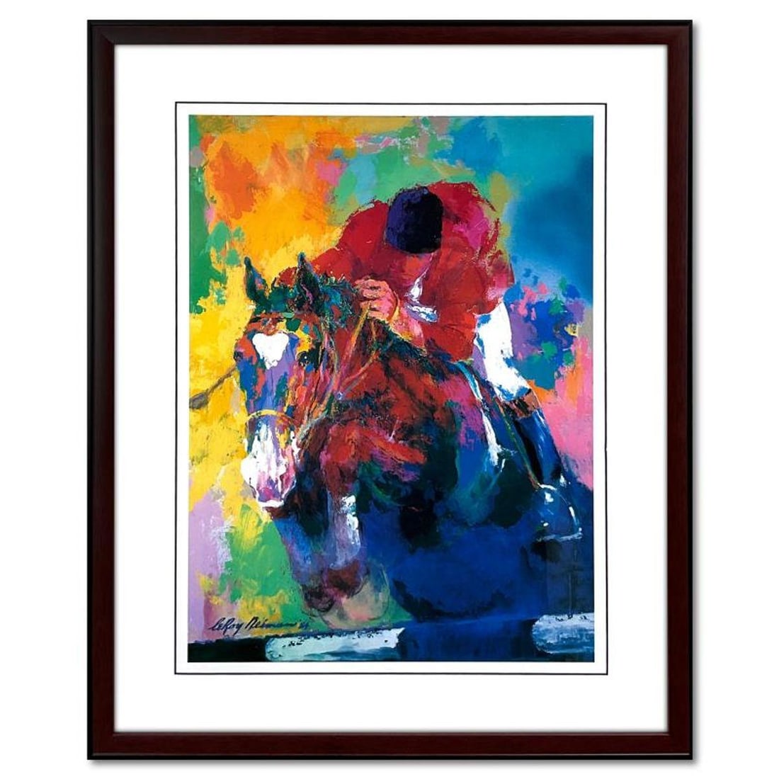 Leroy Neiman (1921-2012), "United States Equestrian Team: Riding for America, Los Angeles 1984": United States Equestrian Team: Riding for America, Los Angeles 1984 is an offset lithograph on paper by Leroy Neiman (1921-2012). This piece comes custom framed. Measures approx. 23" x 29" (frame), 15