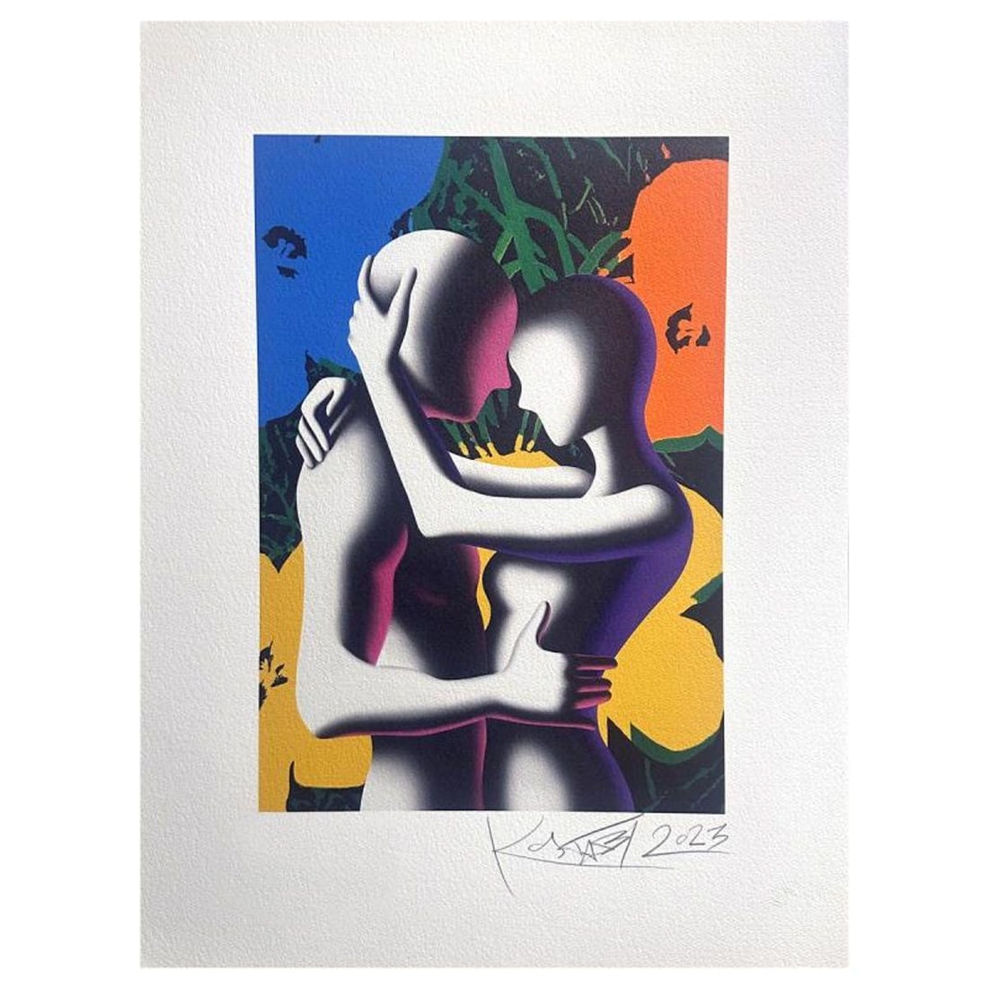 Mark Kostabi, "Love in Bloom" hand signed limited edition serigraph with Certificate of: Love in Bloom is a numbered limited edition serigraph on paper by Mark kostabi. Hand signed by the artist the piece comes with a certificate of authenticity. Measures approximately 19.5" x 15" (image)