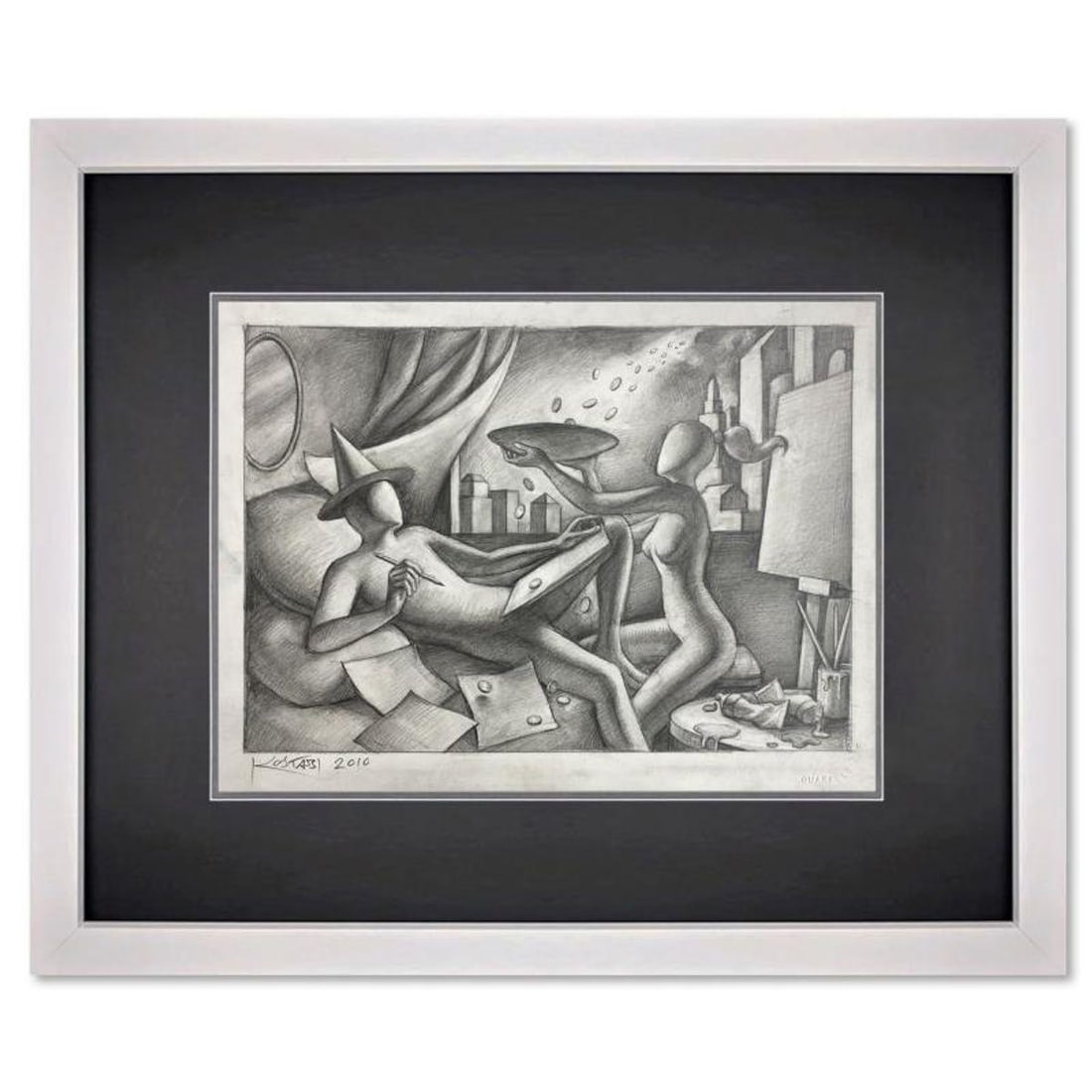 Mark Kostabi, "Pennies from Heaven" Framed Original Drawing on Paper, Hand Signed with Certificate: Pennies from Heaven is an original drawing on paper by Mark Kostabi, hand signed by the artist. This piece comes custom framed. Includes Certificate of Authenticity. Measures approx. 16" x 19.5" (fram