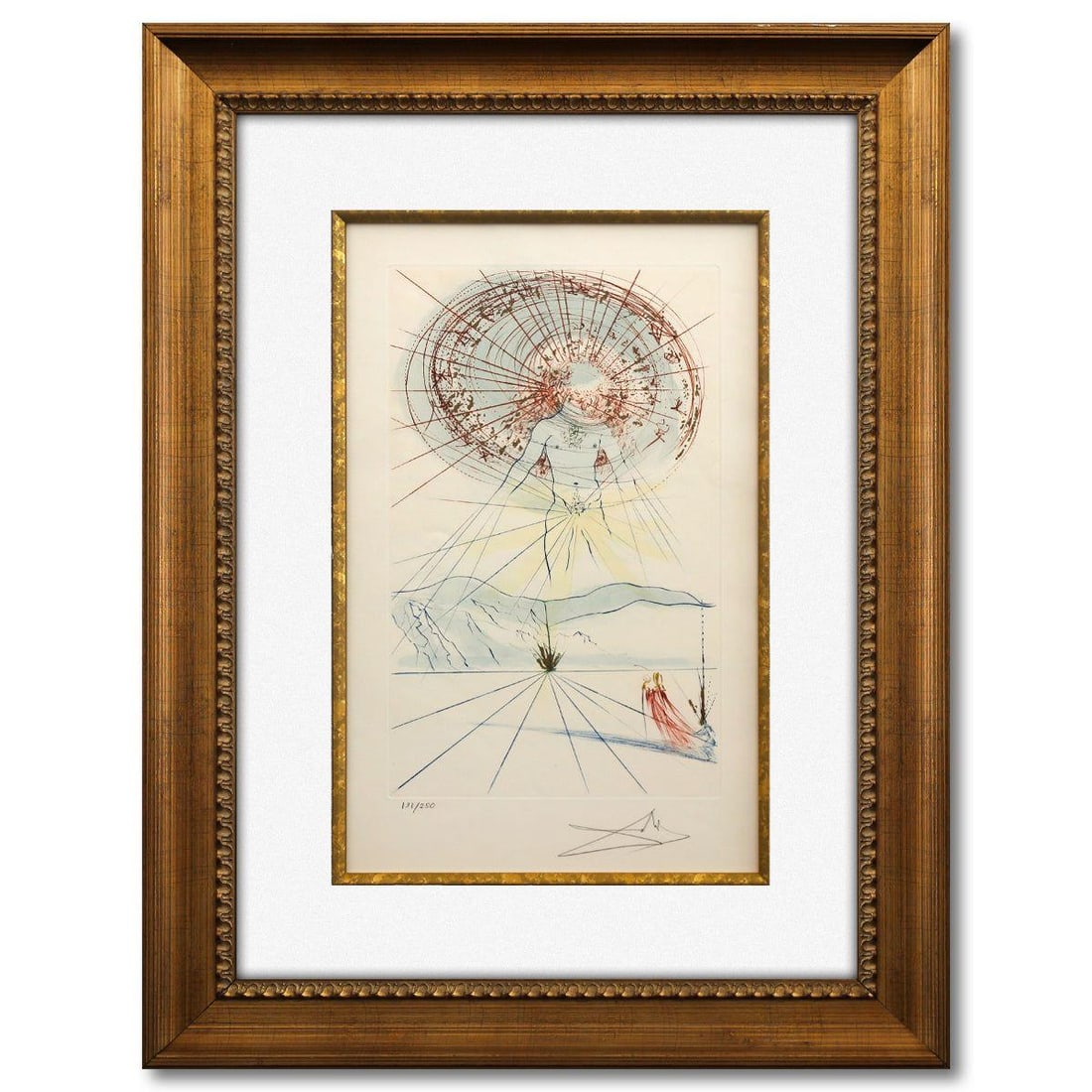 Salvador Dali- Original Lithograph "The Bridegroom Leaps from Song of Songs of Solomon portfolio": Artist: Salvador Dali. Medium: Original Lithograph. Title: The Bridegroom Leaps from Song of Songs of Solomon portfolio. Size: 20" x 12". Measures approx. 31" x 24" (framed). Signature: Hand signed an