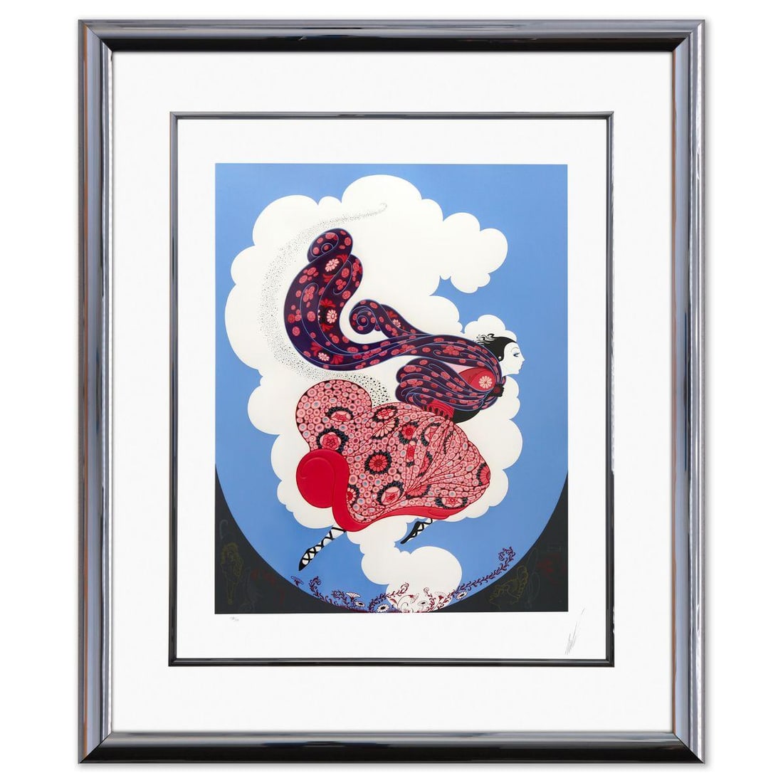 Erte- Screenprint in colors "The Pursuit of Flore": Artist: Erte. Medium: Screenprint in colors. Title: The Pursuit of Flore. Size: 31" x 24". Measures approx. 43" x 36" (framed). Signature: Hand signed and numbered. Certificate of Authenticity: Is inc