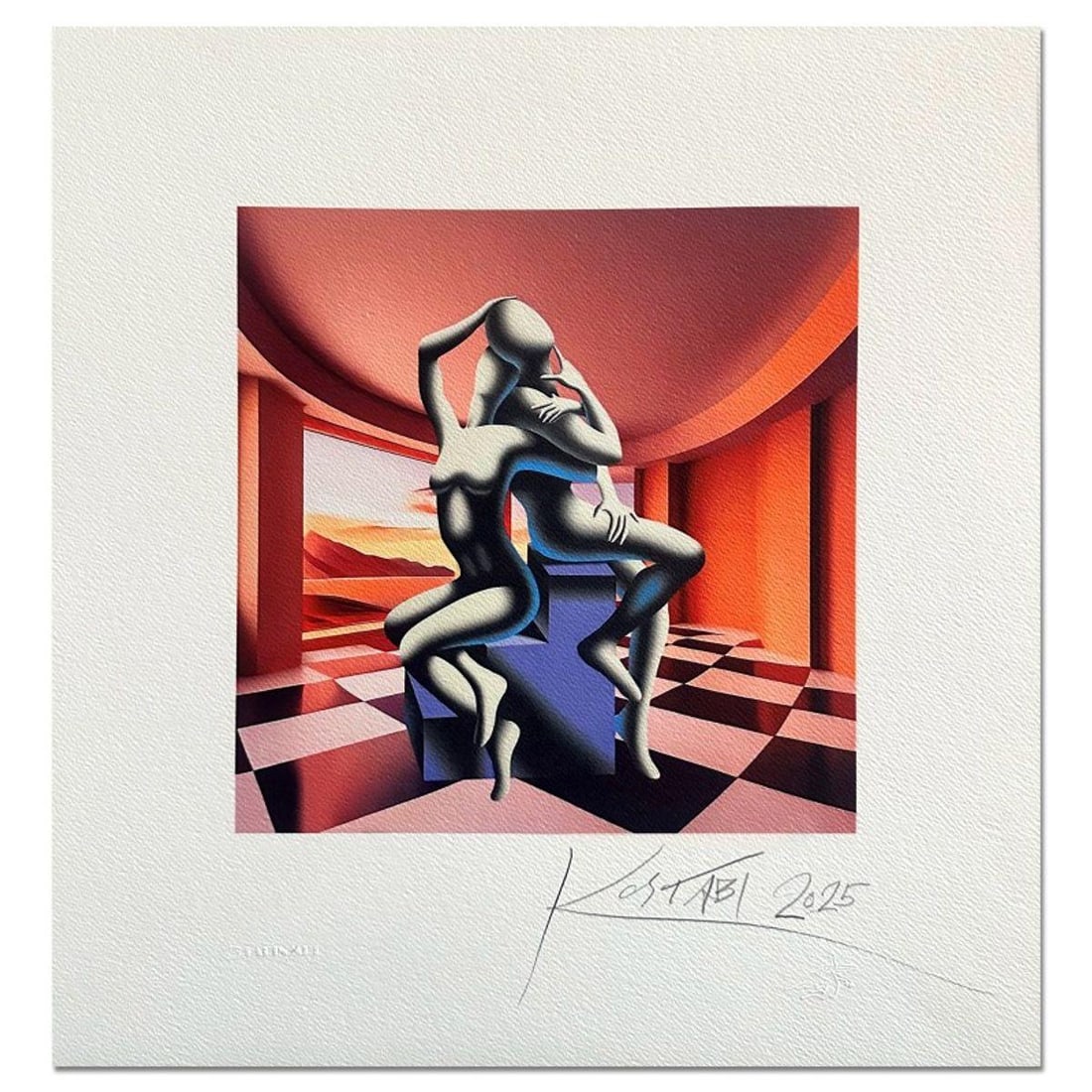 Mark Kostabi, "Timeless Embrace" Hand Signed Limited Edition Serigraph with Certificate of: Timeless Embrace, is a limited edition serigraph on paper by Mark Kostabi. The piece is hand signed and numbered and comes with a certificate of authenticity. Measures approximately 20" x 19" (with bo