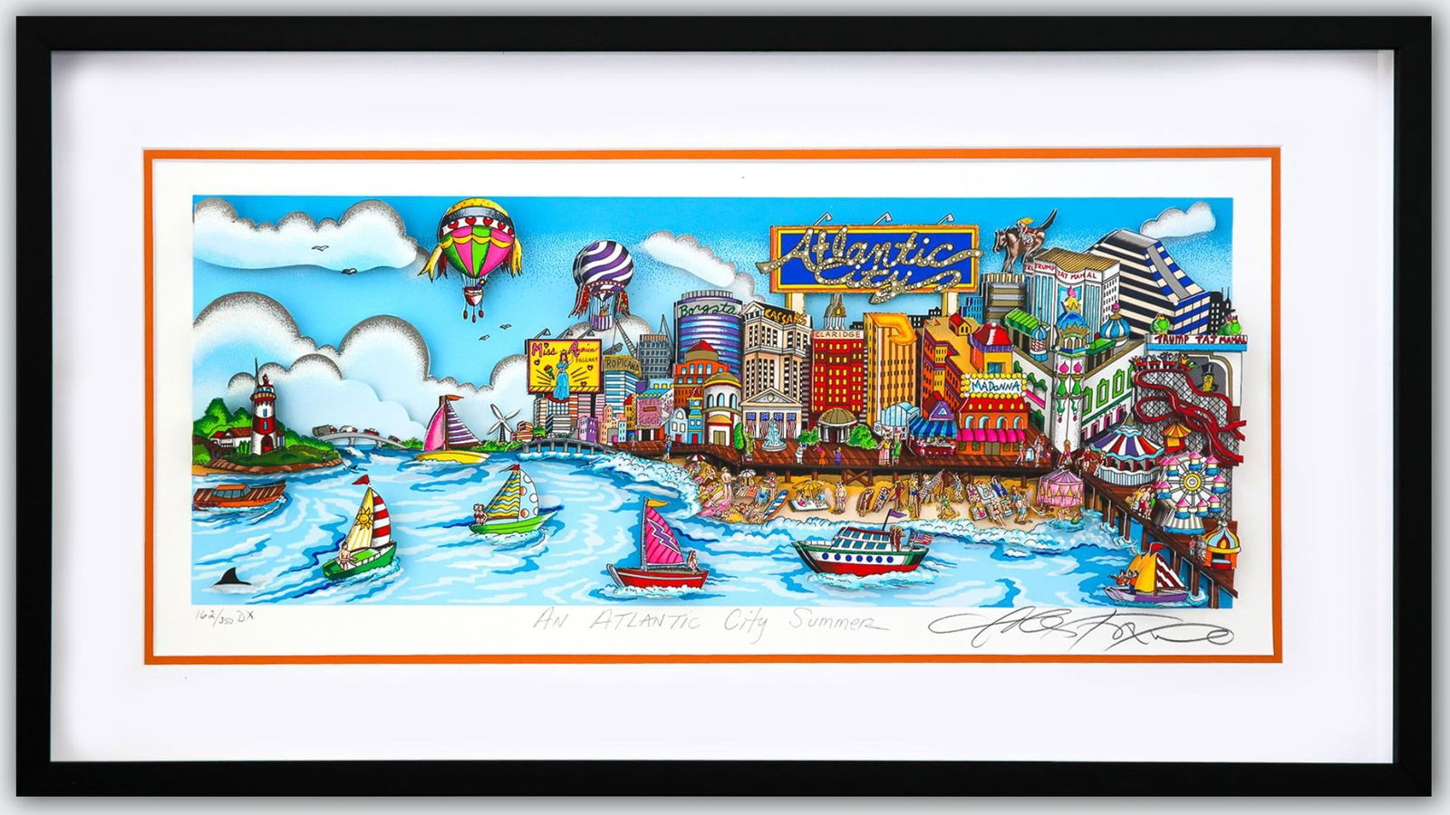 Charles Fazzino- 3D Construction Silkscreen Serigraph "An Atlantic City Summer (Orange)": Artist: Charles Fazzino. Medium: 3D Construction Silkscreen Serigraph. Title: An Atlantic City Summer (Orange). Size: 11" x 25". Measures approx. 19" x 33.5" (framed). Signature: Hand Signed and Numbe