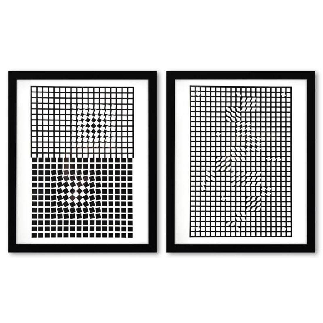 Victor Vasarely (1908-1997), "Eridan - 3 et TLINKO de la serie Corpusculaires (Diptych)" Framed 1973: Eridan - 3 et TLINKO de la serie Corpusculaires (Diptych) is a set of heliogravure prints on paper, published in 1973, by Victor Vasarely (1908-1997). These pieces come custom framed, with a letter of