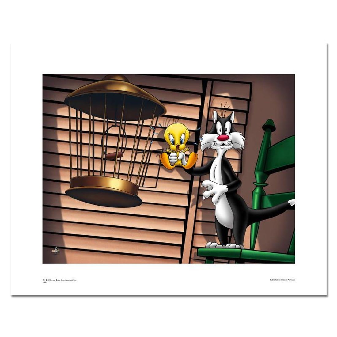 Spotlight, Sylvester and Tweety Numbered Limited Edition Giclee from Warner Bros, with Certificate: Spotlight, Sylvester and Tweety is a limited edition giclee on paper from Warner Bros. featuring the classic Looney Tunes characters. It comes numbered, with hologram seal, and a Certificate of
