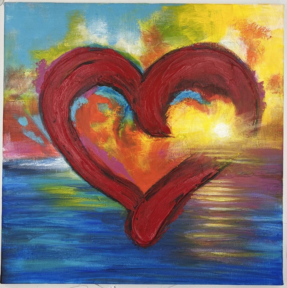 Lona Shore- Original painting on canvas "Sunset Heart 1": Artist: Lona Shore. Medium: Original painting on canvas. Title: Sunset Heart 1. Size: 12" x 12". Signature: Hand Signed. Reference#: 82586.