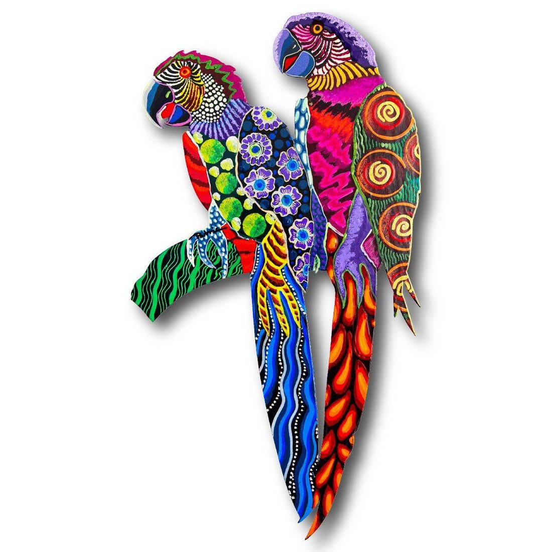 Patricia Govezensky- Original Painting on Laser Cut Steel "Two Parrots": Artist: Patricia Govezensky. Medium: Original Painting on Laser Cut Steel. Title: Two Parrots. Size: 18" x 10". Signature: Hand Signed by the artist. Certificate of Authenticity: From the publisher. R