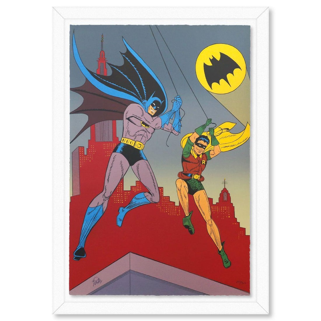 Bob Kane (1915-1998)- Original Lithograph "Batman and Robin": Artist: Bob Kane (1915-1998). Medium: Original Lithograph. Title: Batman and Robin. Size: 36" x 24". Measures approx. 41" x 29" (framed). Signature: This piece is numbered and hand signed by Bob Kane.
