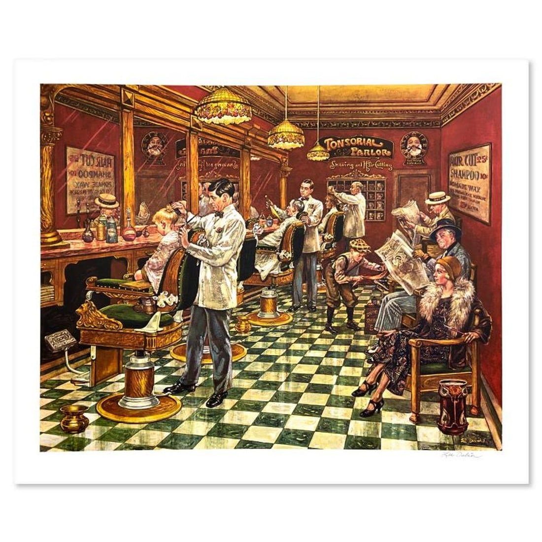 Lee Dubin, "Tonsorial Parlor" Limited Edition Lithograph, Numbered and Hand Signed and Letter of: Tonsorial Parlor is a limited edition lithograph on paper by Lee Dubin, numbered and hand signed by the artist. Includes Letter of Authenticity. Measures approx. 34" x 28" (with border), 30" x 24" (im